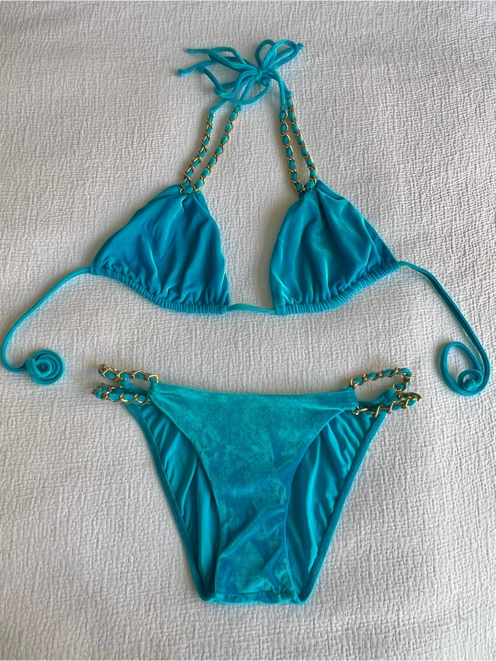 Sauvage California Mariposa Chain Bikini Set Turquoise Velvet Gold Chain S/M